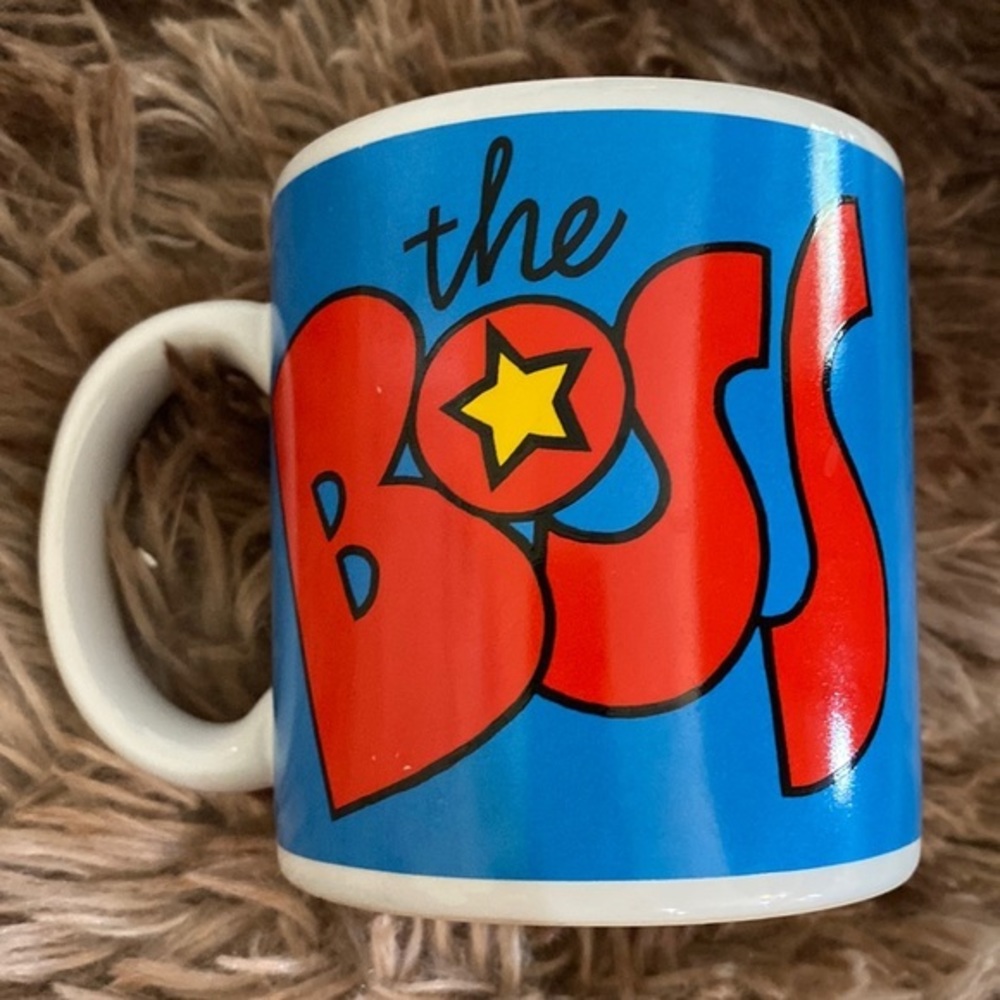 Vintage Russ “The Boss” Coffee Mug Retro Office Humor Gift Bold Colors